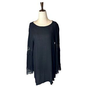 Neiman Marcus Shirt Women Small Black Long Flare Sleeve Lace Detail Tunic Blouse